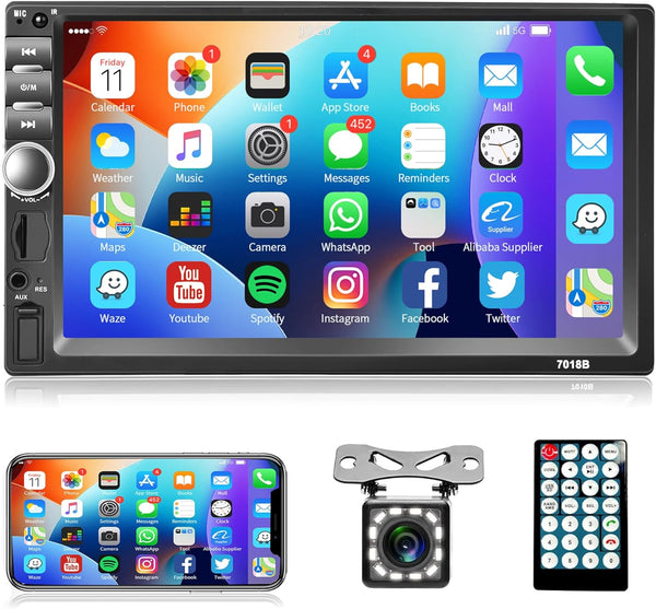 Rimoody 7 Inch Car Stereo Double Din Radio, Bluetooth Handsfree, Touch Screen, USB SD FM Multimedia with Backup Camera