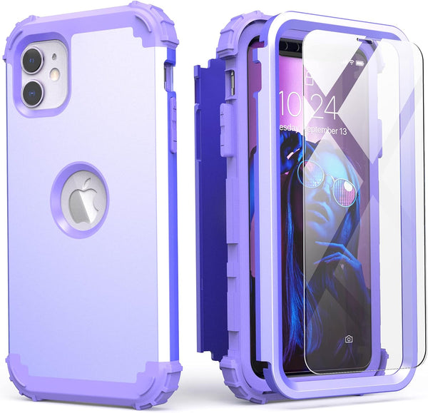 IDweel Hybrid 3 in 1 Shockproof Heavy Duty Case for iPhone 11 with Tempered Glass Screen Protector, Purple