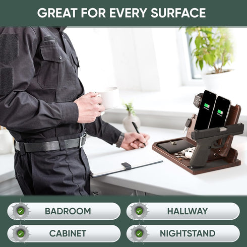 BARVA Adaptive Wood Gun Rack, 2 Phone Docking Charging Station, Gifts for Men, Dad Birthday Ideas, Nightstand Organizer