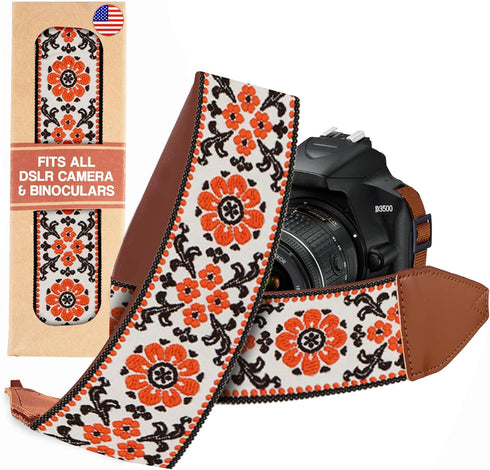 Art Tribute Orange Flowers Camera Strap, Retro 70's Classic Vintage Floral Pattern, Vegan Leather
