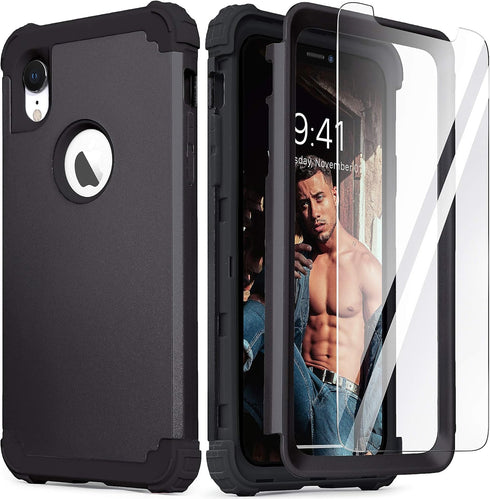 IDweel iPhone XR Case with Tempered Glass Screen Protector, 3 in 1 Shockproof Slim Hybrid Heavy Duty Cover, Black