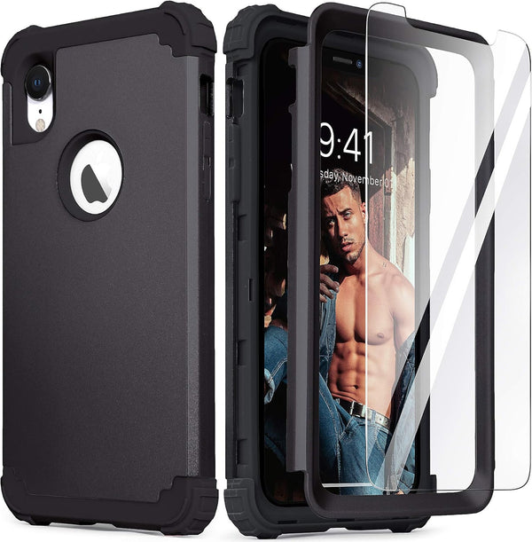 IDweel iPhone XR Case with Tempered Glass Screen Protector, 3 in 1 Shockproof Slim Hybrid Heavy Duty Cover, Black