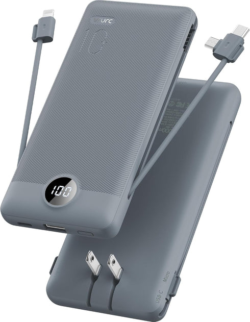 VRURC Portable Charger 10000mAh, Built-in Cables and AC Wall Plug, USB C Power Bank for Smart Phones and Tablets (Grey)