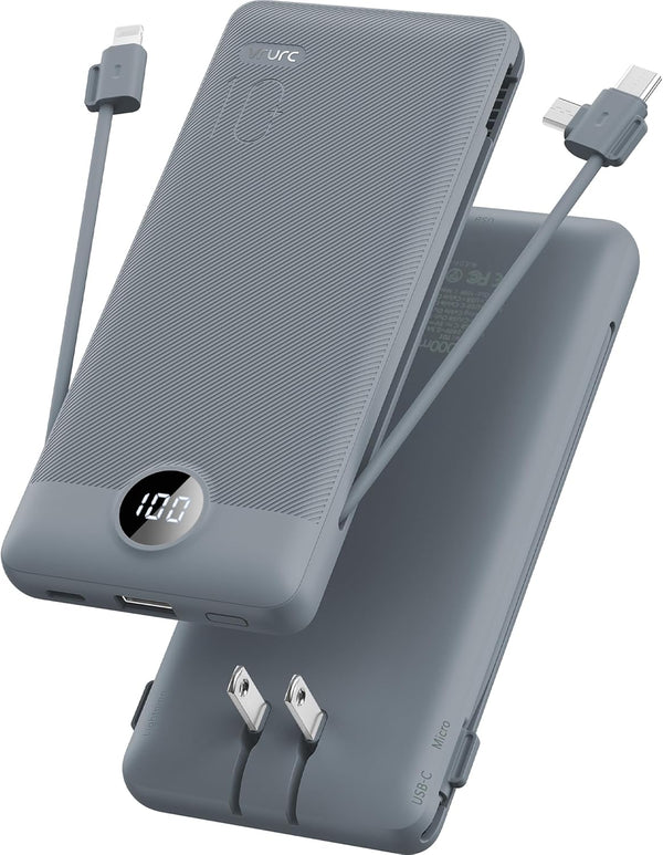 VRURC Portable Charger 10000mAh, Built-in Cables and AC Wall Plug, USB C Power Bank for Smart Phones and Tablets (Grey)