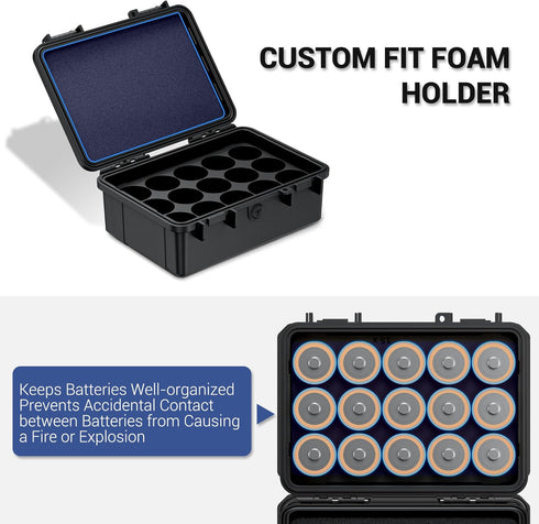 KIWIFOTOS IP67 15 LR20 D Cell Battery Organizer Case Waterproof Slots D Cell Alkaline Batteries Storage Holder