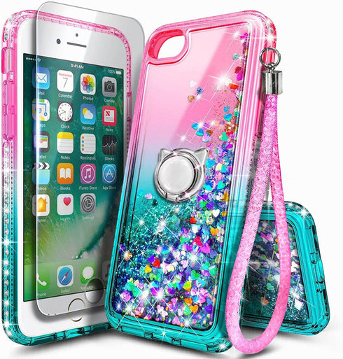 NGB iPhone SE (3rd 2022 & 2nd Gen 2020)/iPhone 8/7/6/6S Case, Pink/Aqua Glitter Liquid Cover with Screen Protector &