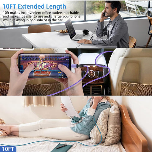 USB A to USB C Charger Cable Long 10FT/3Pack for Car, Fast Charging for iPhone 15/15 Pro/15 Pro Max/15 Plus, Android