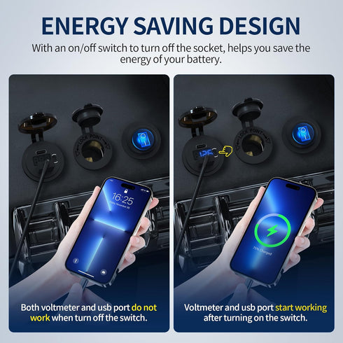 DaierTek 12V USB C Car Charger Socket, 48W PD Type C & QC 3.0 Dual USB Charging Socket Port Waterproof with Voltmeter