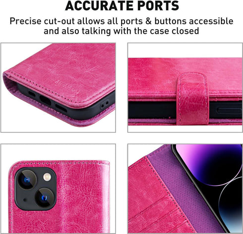 MONASAY Wallet Case for iPhone 15 5G, 6.1-inch, Flip Folio Leather Cover with Credit Card Holder, Hot-Pink [Glass