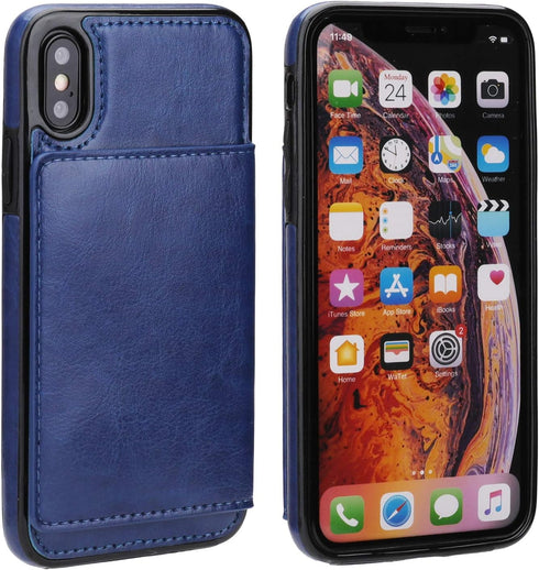 KIHUWEY Wallet Case for iPhone Xs/X, Premium Leather Kickstand Protective Cover (Blue)