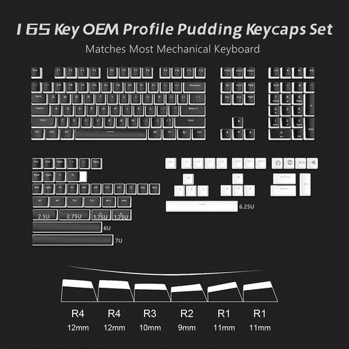 Womier Pudding Keycaps Set, 165 PBT Keycaps, Shine Through OEM Profile for 100%, 75%, 65%, 60% Keyboards - Black