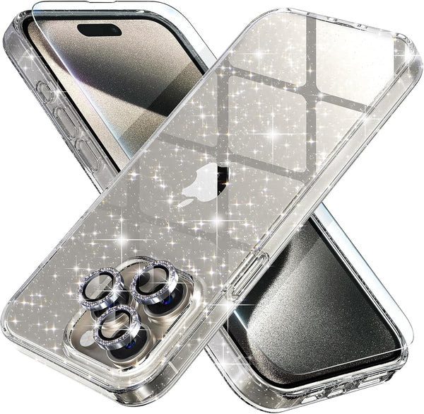 Choiche iPhone 15 Pro Max Case, Glitter Clear with 3 x Diamond Camera Lens Protectors & 2 x Tempered Glass