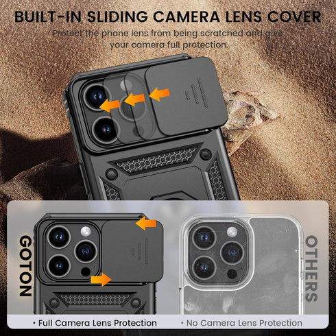Goton iPhone 15 Pro Max Case - Heavy Duty Shockproof Bumper with Screen Protector & Slide Camera Cover, Black