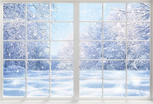 Winter Landscape Window Photography Backdrop, Christmas Snow Trees Scenery for Baby Kids Party Decorations 7x5ft