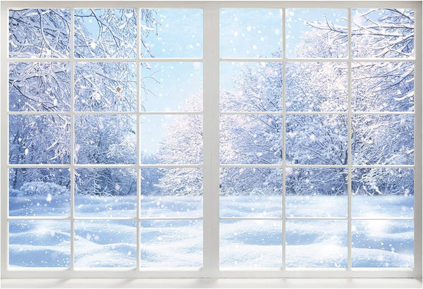 Winter Landscape Window Photography Backdrop, Christmas Snow Trees Scenery for Baby Kids Party Decorations 7x5ft