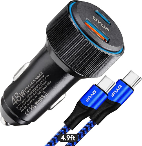 USB C Car Charger 48W, Fast Car Charger Adapter with 60W Type C Fast Charging Cable, Dual USB Port PD30W & QC3.0 18W