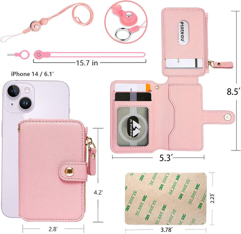 M-Plateau Stick-On Phone Wallet, PU Leather Card Holder with Zipper Coin Pocket for iPhone and Case