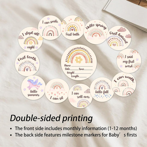Set(13pcs) Baby Monthly Milestone Cards Sign - Double Sided Wooden Milestone Cards with Rainbow Design, Wooden Circles