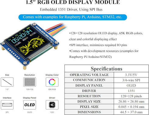 UeeKKoo 1.5inch 128x128 16-bit (65K 1351 STM32,etc. RGB OLED Display Module, Pixels High Color Colors) Driver, SPI
