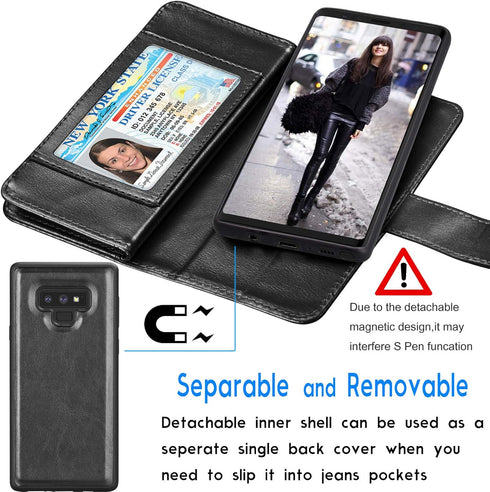 Tekcoo Wallet Case for Galaxy Note 9 - PU Leather with ID Cash Slots, Detachable Magnetic Hard Case, Black