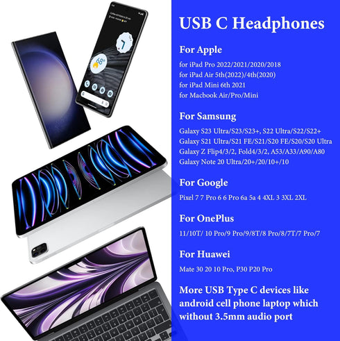 USB C Headphones for iPad 10 Air (M2), iPhone 15 Plus Pro Max, HiFi Stereo USB C Wired Earbuds with Mic