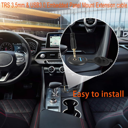 QIANRENON USB3.0 & 3.5mm Audio Threaded Fixed Embedded Car Waterproof Cable, 5Gbps TRS 3.5mm & USB3.0 Dashboard Panel