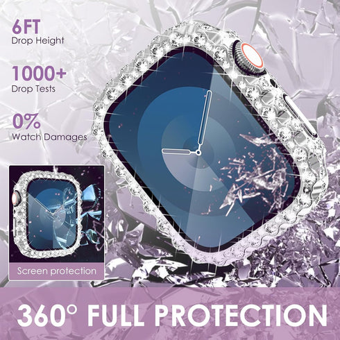 NewWays 2 in 1 Waterproof Bling Case for Apple Watch 45mm, Screen Protector Series 9 8 7, Silver
