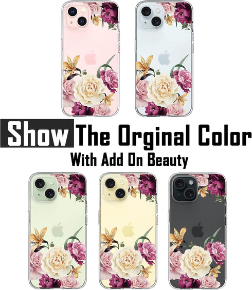 Designed for iPhone 15 Case, for Girls Woman, Clear Cute Pink Purple Floral Flowers Design Hard Back Soft Bumper Shockproof Protective Phone Cover 6.1inch 2023 (Peony15)