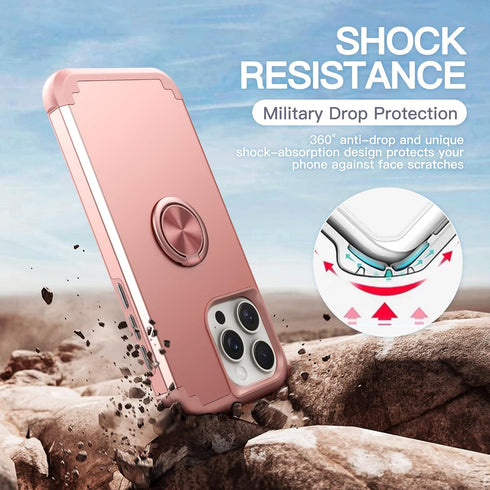 IDweel iPhone 13 Pro Max Case - Rose Gold, 2-in-1 Shockproof, Screen Protector, 360° Ring Holder, Camera Lens Protector.