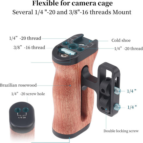 Fotga Wooden Side Handle Grip with 1/4"-20 Mount Holes Cold Shoe for DSLR Mirrorless Video Camera Cage Microphone Built-in Wrench,Adjustable Up and Down