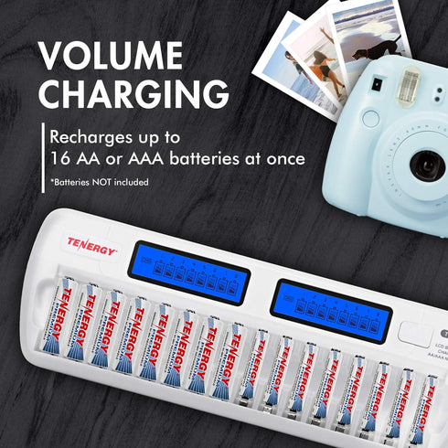 Tenergy TN438 16 Bay Battery Charger for AAA and AA Rechargeable Batteries, AA/AAA NiMH/NiCd Charger with AC Wall