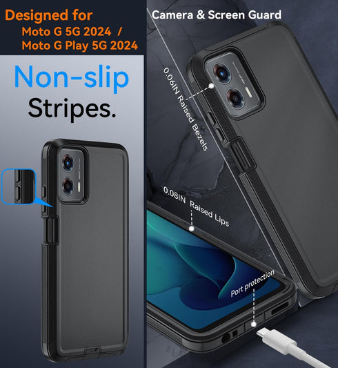 Heavy Duty Case for Moto G 5G 2024/Moto G Play 5G 2024, with Belt Clip, Tempered Glass Protector, Black
