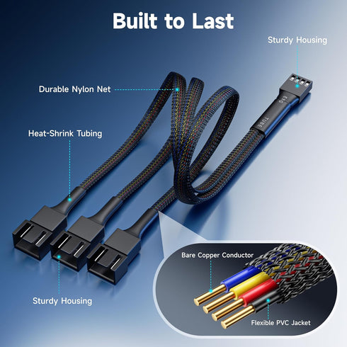 Cable Matters 2-Pack 3 Way 4 Pin PWM Fan Splitter Cable - 12 Inches / 30cm, 1x PWM-Controlled Fan with 2 Follower Fans