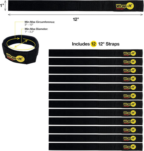 Quick-Straps by Wrap-It Storage – 12” (12-Pack) Black Hook and Loop Cord Wraps for Cable Organization