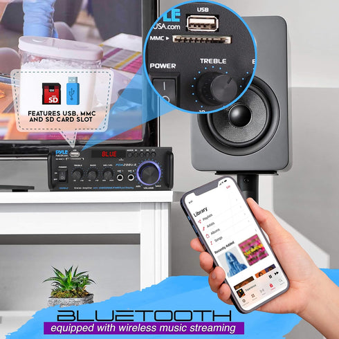 Pyle Wireless Bluetooth Stereo Power Amplifier, 200W 2 Channel Audio Receiver with RCA, USB, SD, MIC IN, FM Radio for