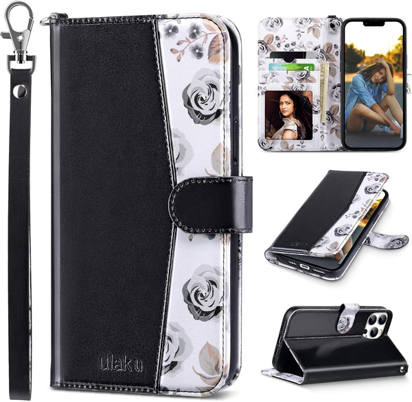 ULAK iPhone 13 Pro Wallet Case for Women, Premium PU Leather Flip Cover with Card Holders and Kickstand Feature, Black