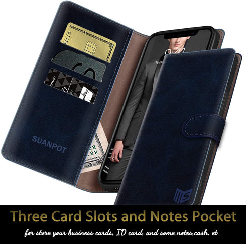 SUANPOT RFID Blocking Leather Wallet Case for iPhone X/XS 5.8" - Shockproof Flip Folio, Card Holder, Blue