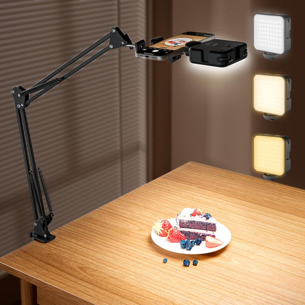 AIXPI Overhead Phone Mount with LED Selfie Light and Bluetooth Remote, Rechargeable Camera