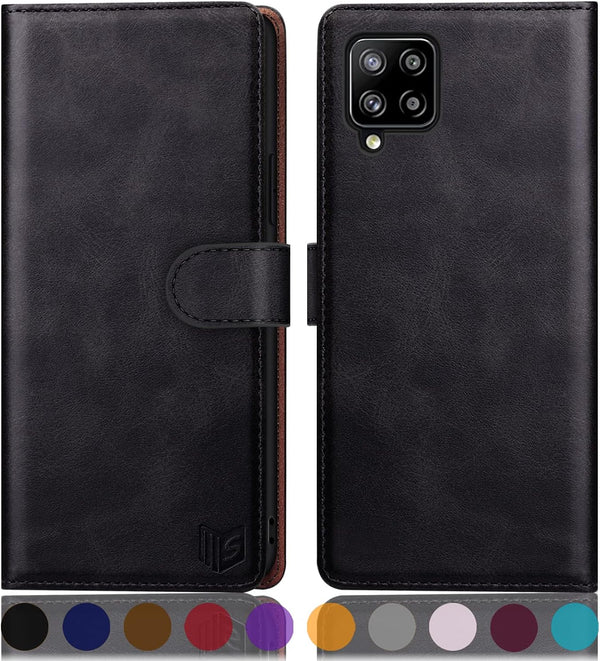 SUANPOT Samsung Galaxy A42 5G Wallet Case, RFID Blocking Leather Flip Folio, Shockproof Cover for Men Women (Black)