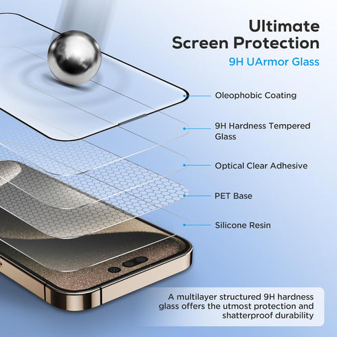UARMOR HD Clear Screen Protector for iPhone 15 Pro Max (6.7"), 9H Tempered Glass, Easy Installation Kits, 2 Pack