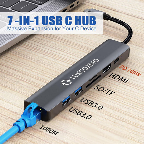 USB Hub 3.0, 7 in 1 Docking Station with 1000M Ethernet, 4K HDMI, 2 USB3.0, 100W PD, SD/TF Card Reader