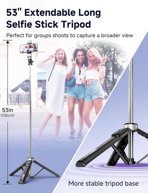 SelfieShow 53'' 1 17 16 15, Selfie Stick Tripod with Light, Extendable Selfie Stick with Remote, Portable Cell Phone