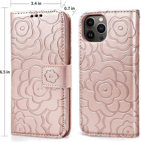CASEOWL Detachable Wallet Case for iPhone 13 Pro Max, Folio Flip Leather Case with RFID Card Holder Strap - Camellia