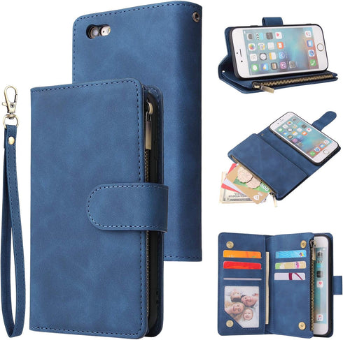 UEEBAI Wallet Case for iPhone 6/iPhone 6S - PU Leather Magnetic Closure Handbag with Zipper Pocket, Blue