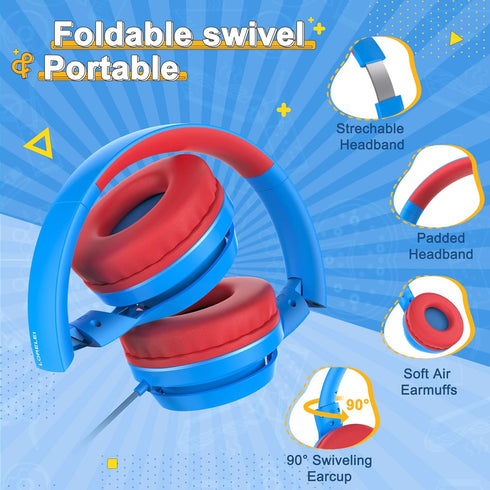 LORELEI E7 Kids Headphones with Microphone, On-Ear Wired Headset for Children, 85/94dB Safe Volume, Foldable (Blue&Red)