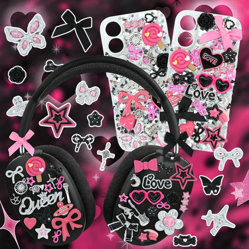 RIHYTFU Junk Case Charms Kit, Black Pink Junk Phone Case Charms for Customizing DIY Cases, Charm for Making Phone Cases