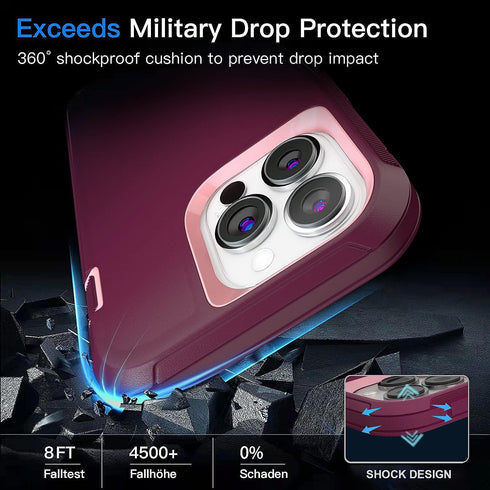 Full Body Heavy Duty Military Grade Case for iPhone 13 Pro Max 6.7" with 2 Screen Protectors, Wine Red Pink