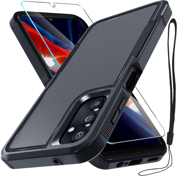 Samsung Galaxy A25 Case: Heavy Duty Rugged Shockproof Cover with Lanyard, Tempered Glass Protector, Black Matte.