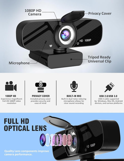 Full HD Webcam with Built-in Microphone, Rotatable Tripod, 1080P Video, Wide Angle Camera for Desktop PC or Laptop