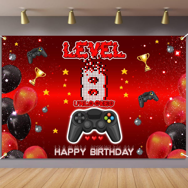 Level 8 Unlocked Backdrop Banner Decorations - Video Game Happy 8th Birthday for Boys Kids